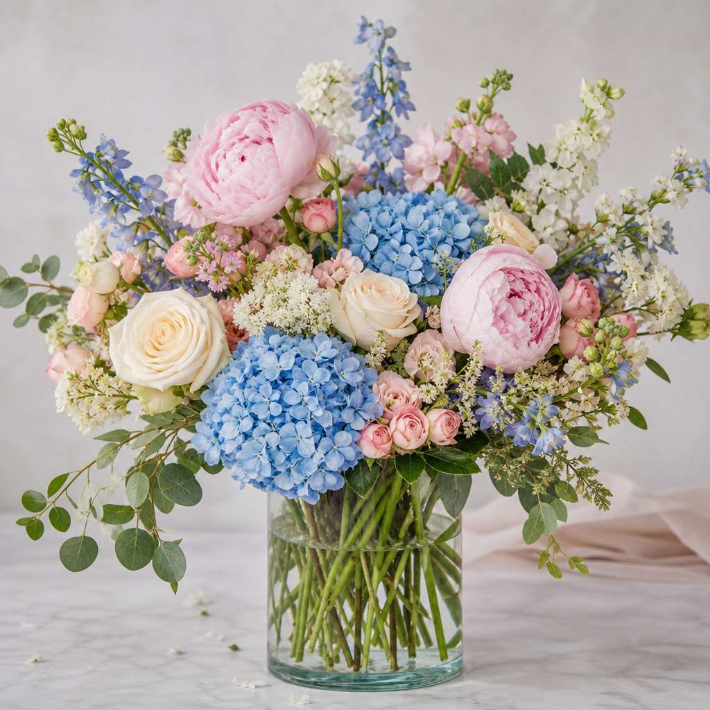 Peony and hydrangea arrangement in a glass vase